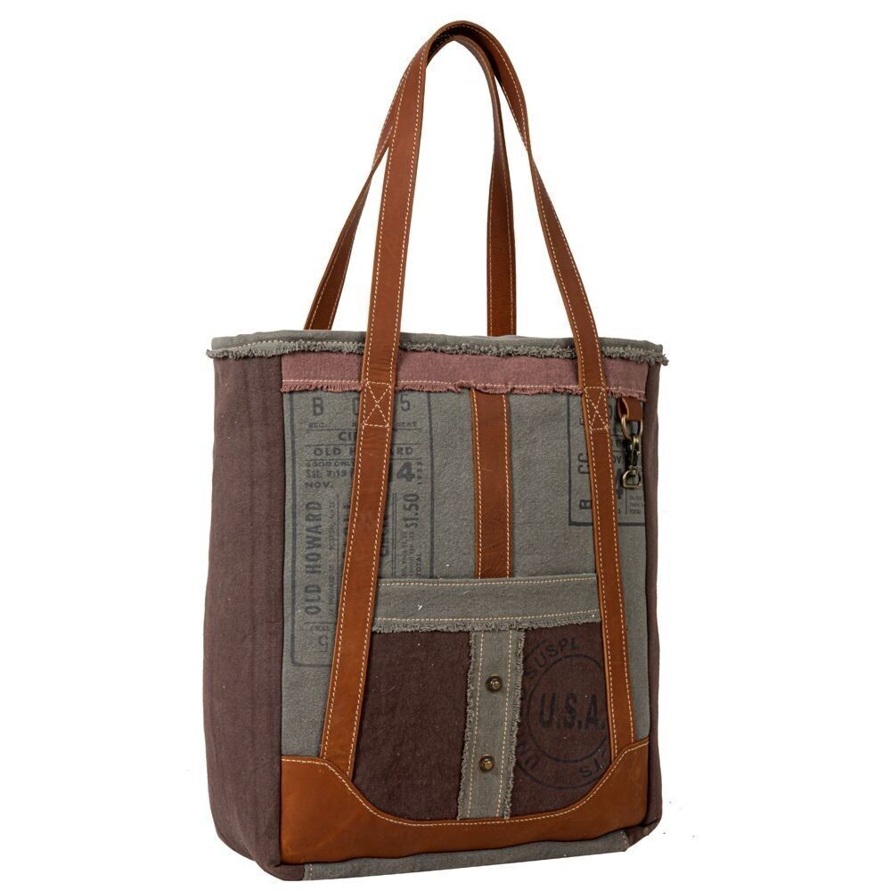 Myra Bag Handmade Hamilton Tote Bag Upcycled Canvas & Cowhide Leather - Picture 3 of 9